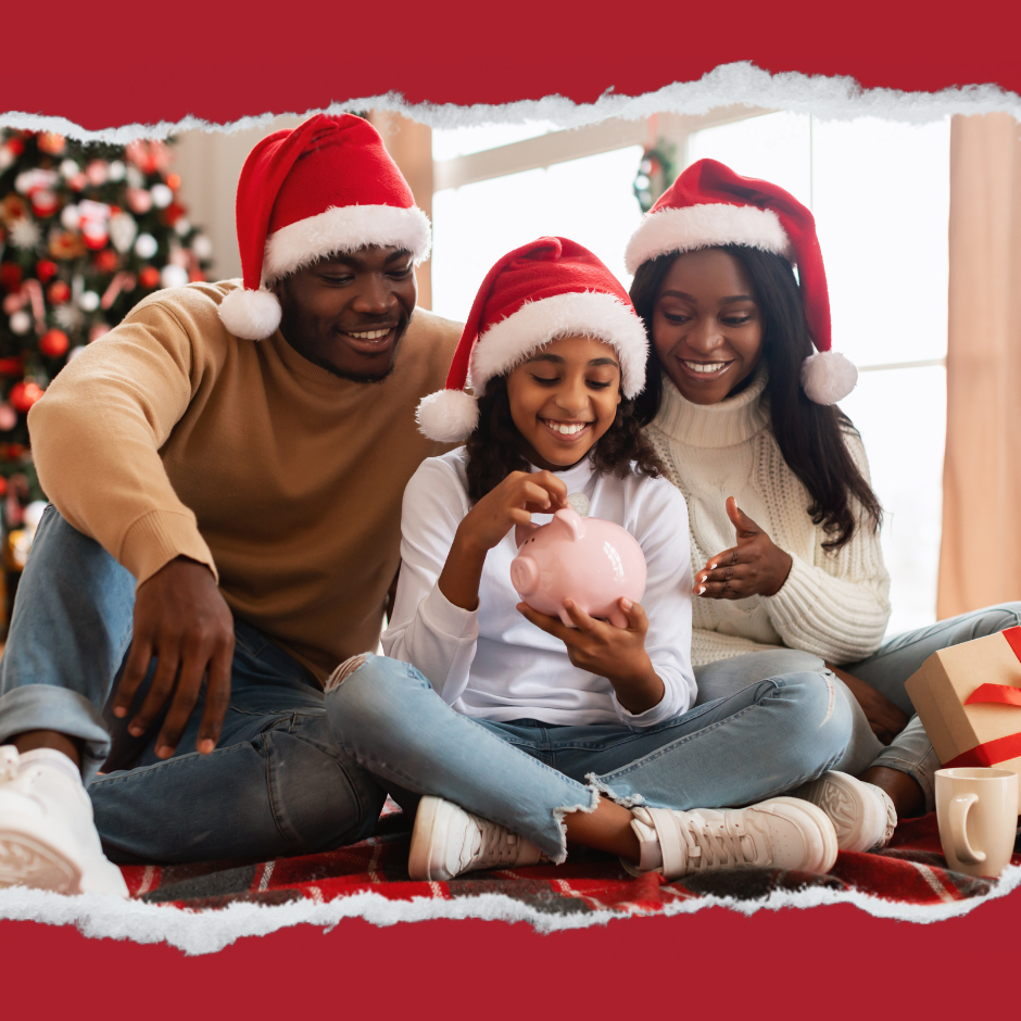 Family holding a piggy bank putting in a coin during christmas